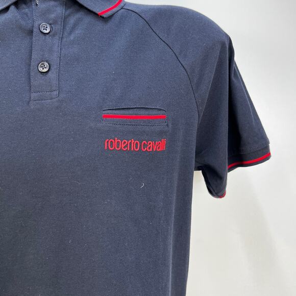 Roberto Cavalli Embroidered Logo Pique Short Sleeve Polo Shirt Navy Blue Top - Picture 4 of 8